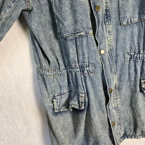Hayden Los Angeles Women's Denim Jacket Medium Cinch Waist Cargo Blue Distressed - Picture 3 of 13